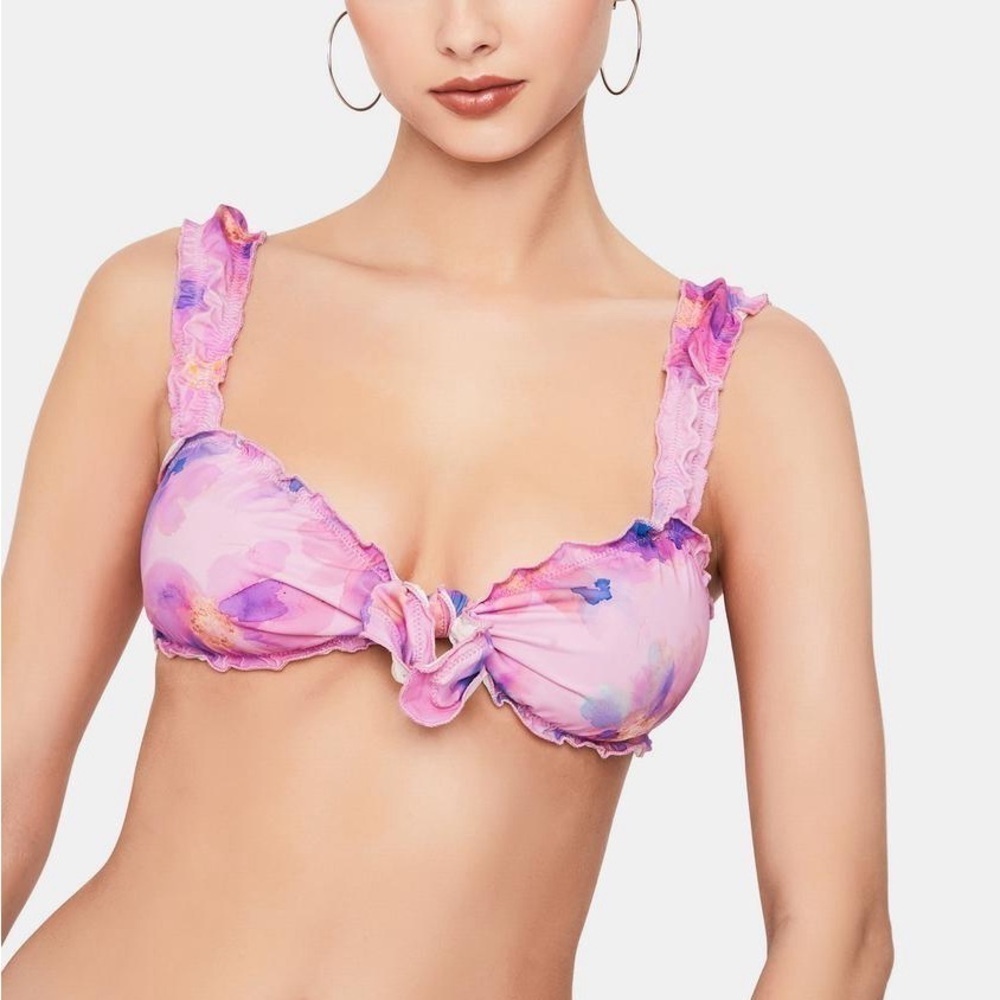 NWT Frankie’s Bikinis Colby Tie Watercolor Floral Ruffle Bikini Top Women’s M